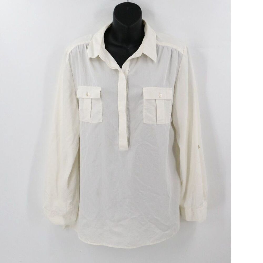 Chicos Womens Tunic Top Semi Sheer Cream Roll Tab Sleeves Size 2 US XL